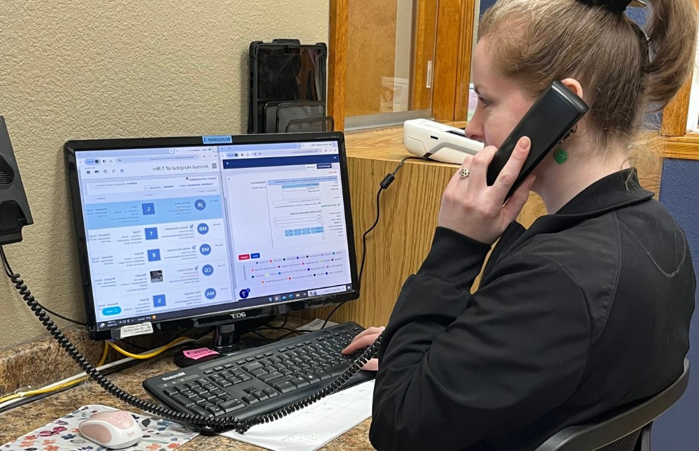 a vet staff talking on a phone